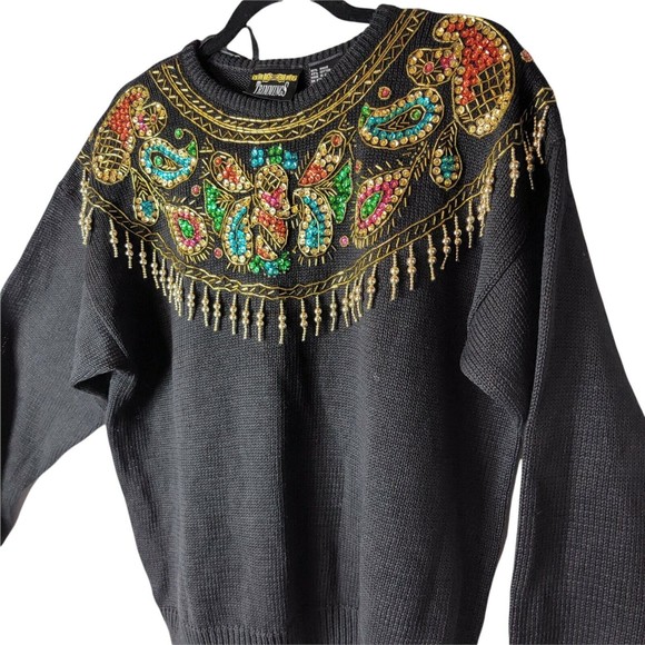 Vtg‎ 80s Trimmings Black Ramie Sweater with Gold Sequin Embellished Glam Medium - Picture 4 of 8